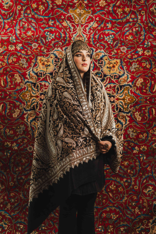 KASHMIRI TILLA EMBRODIERY SHAWL - BLACK | PASHMINA - ARTISANS KASHMIR