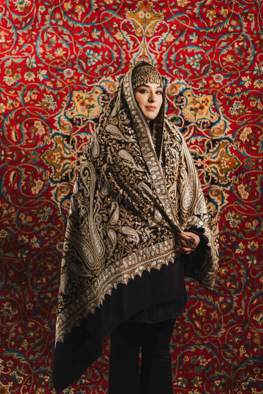 KASHMIRI TILLA EMBRODIERY SHAWL - BLACK | PASHMINA - ARTISANS KASHMIR
