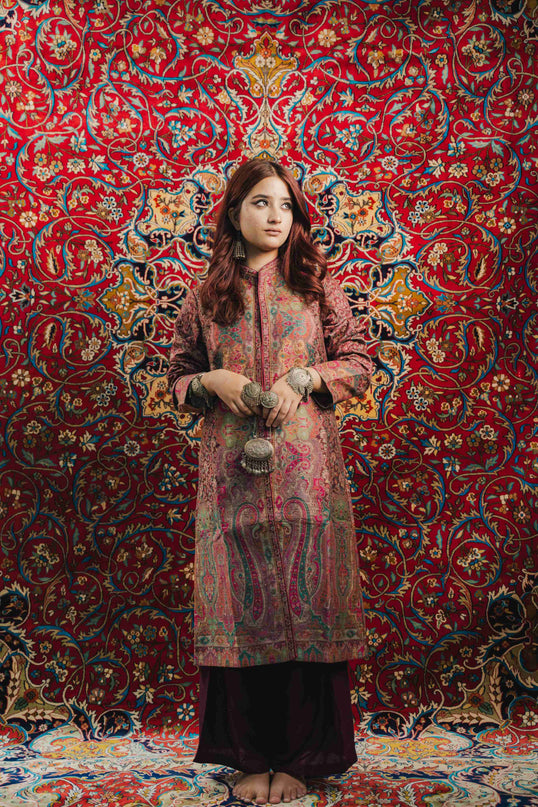 SILK KANI WORK PAISLEY JAMAWAR LONG JACKET - ARTISANS KASHMIR