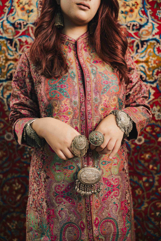 SILK KANI WORK PAISLEY JAMAWAR LONG JACKET - ARTISANS KASHMIR