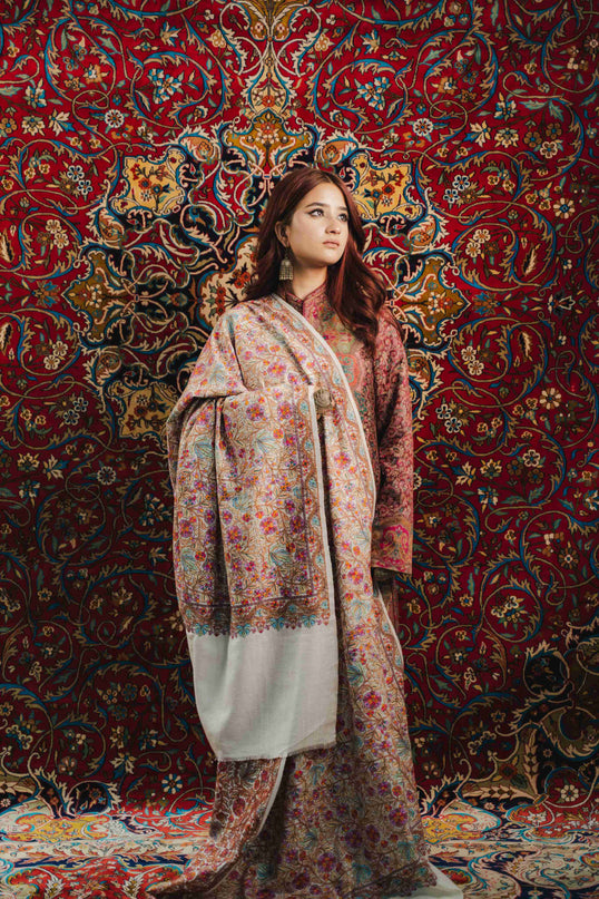 KASHMIRI SOZNI JAMAWAR SHAWL - WHITE | PAPER MACHIE - ARTISANS KASHMIR