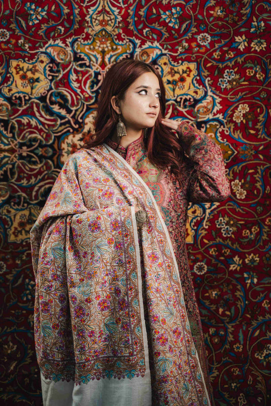 KASHMIRI SOZNI JAMAWAR SHAWL - WHITE | PAPER MACHIE - ARTISANS KASHMIR