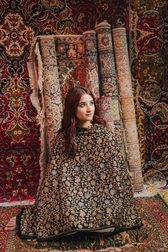 KASHMIRI AARI WORK SHAWL - BLACK | ZARI OUTLINE - ARTISANS KASHMIR