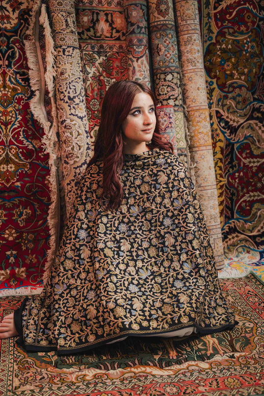 KASHMIRI AARI WORK SHAWL - BLACK | ZARI OUTLINE - ARTISANS KASHMIR