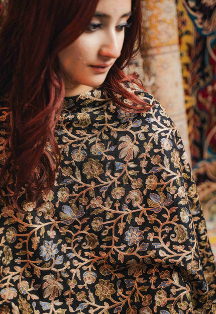 KASHMIRI AARI WORK SHAWL - BLACK | ZARI OUTLINE - ARTISANS KASHMIR