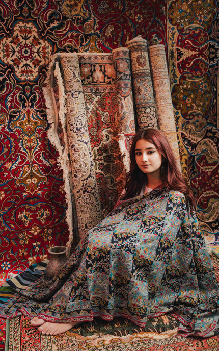 KASHMIRI KALAMKARI SHAWL - BLACK HAMDAN | ZARI OUTLINE - ARTISANS KASHMIR