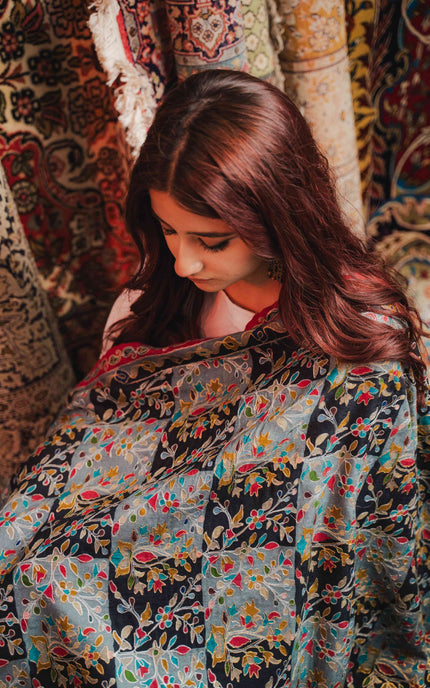 KASHMIRI KALAMKARI SHAWL - BLACK HAMDAN | ZARI OUTLINE - ARTISANS KASHMIR
