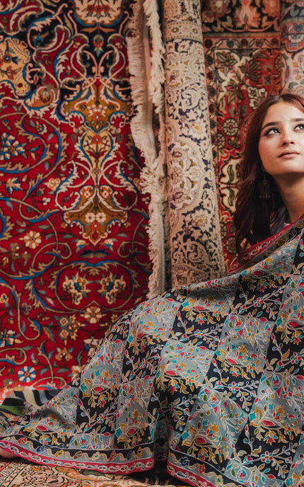 KASHMIRI KALAMKARI SHAWL - BLACK HAMDAN | ZARI OUTLINE - ARTISANS KASHMIR