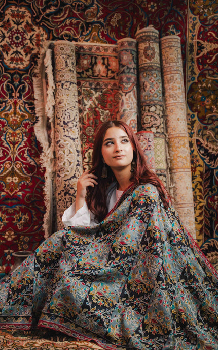 KASHMIRI KALAMKARI SHAWL - BLACK HAMDAN | ZARI OUTLINE - ARTISANS KASHMIR