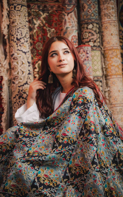 KASHMIRI KALAMKARI SHAWL - BLACK HAMDAN | ZARI OUTLINE - ARTISANS KASHMIR