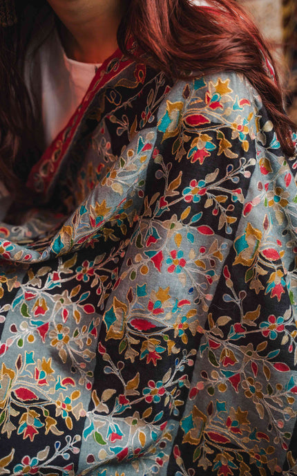 KASHMIRI KALAMKARI SHAWL - BLACK HAMDAN | ZARI OUTLINE - ARTISANS KASHMIR