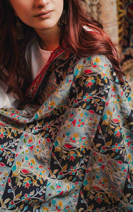KASHMIRI KALAMKARI SHAWL - BLACK HAMDAN | ZARI OUTLINE - ARTISANS KASHMIR