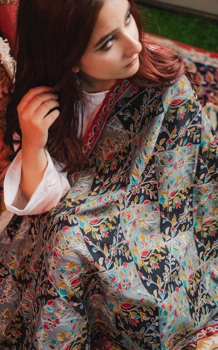 KASHMIRI KALAMKARI SHAWL - BLACK HAMDAN | ZARI OUTLINE - ARTISANS KASHMIR