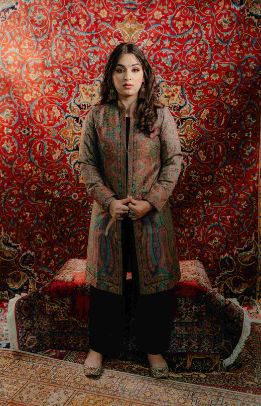 Kashmiri Kani Work Jacket - Long | Silk