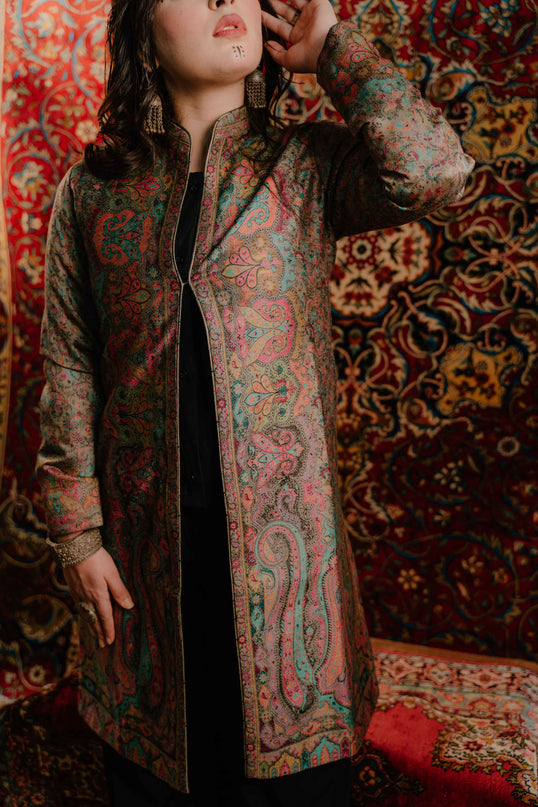 KASHMIRI KANI WORK JACKET - LONG | SILK - ARTISANS KASHMIR