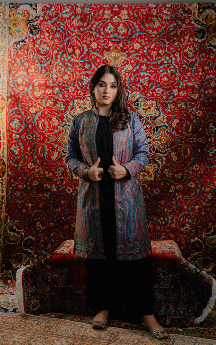 KASHMIRI KANI WORK JACKET - BLUE | SILK - ARTISANS KASHMIR