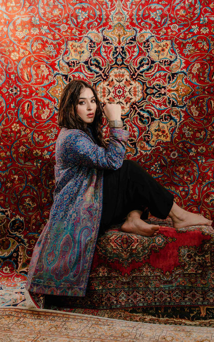 KASHMIRI KANI WORK JACKET - BLUE | SILK - ARTISANS KASHMIR