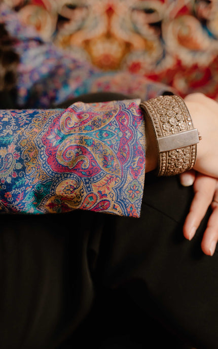 KASHMIRI KANI WORK JACKET - BLUE | SILK - ARTISANS KASHMIR