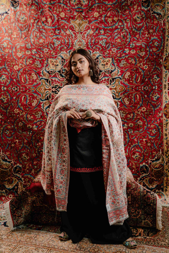 KASHMIRI KANI SHAWL - WHITE | JAMAWAR - ARTISANS KASHMIR