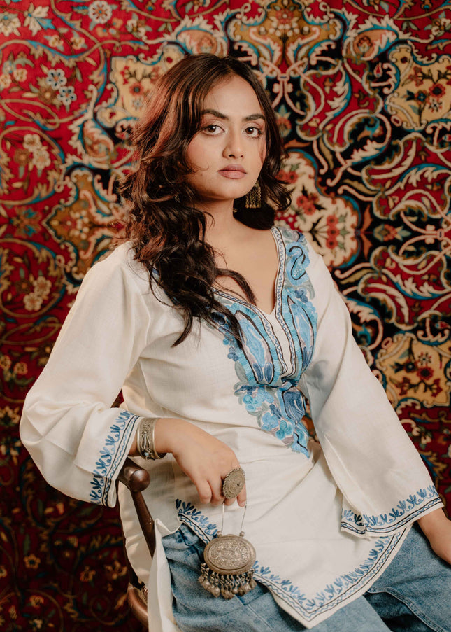 KASHMIRI AARI WORK COTTON KURTI - WHITE| SHORT - ARTISANS KASHMIR