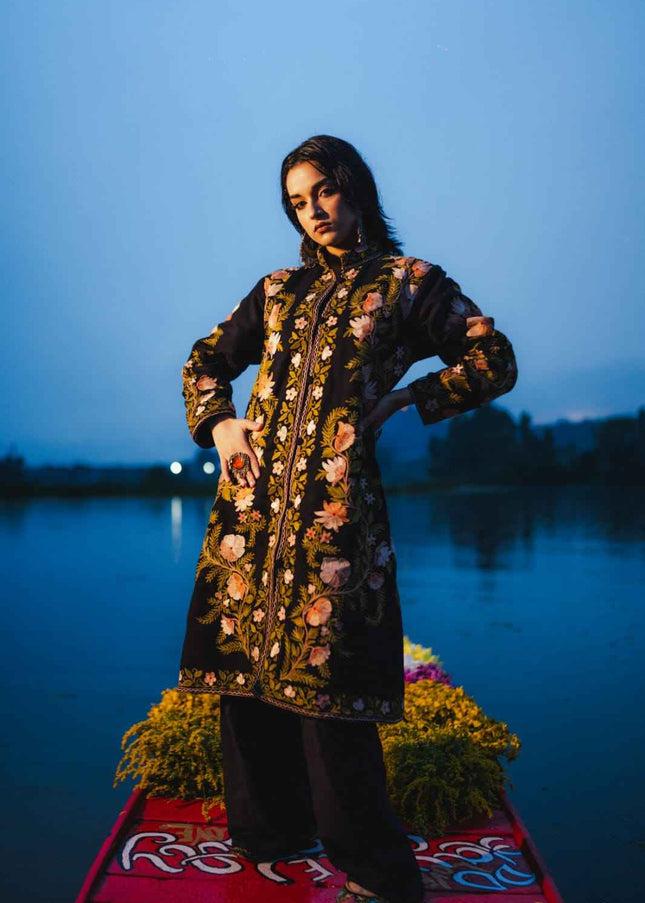 KASHMIRI AARI WORK JACKET - BLACK | LONG - ARTISANS KASHMIR