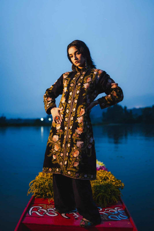 KASHMIRI AARI WORK JACKET - BLACK | LONG - ARTISANS KASHMIR