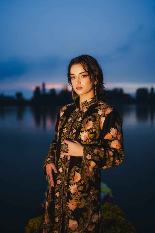 KASHMIRI AARI WORK JACKET - BLACK | LONG - ARTISANS KASHMIR