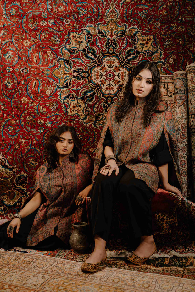 Women's Kani Work Kashmiri Cape Blue DOUBLING - ARTISANS KASHMIR