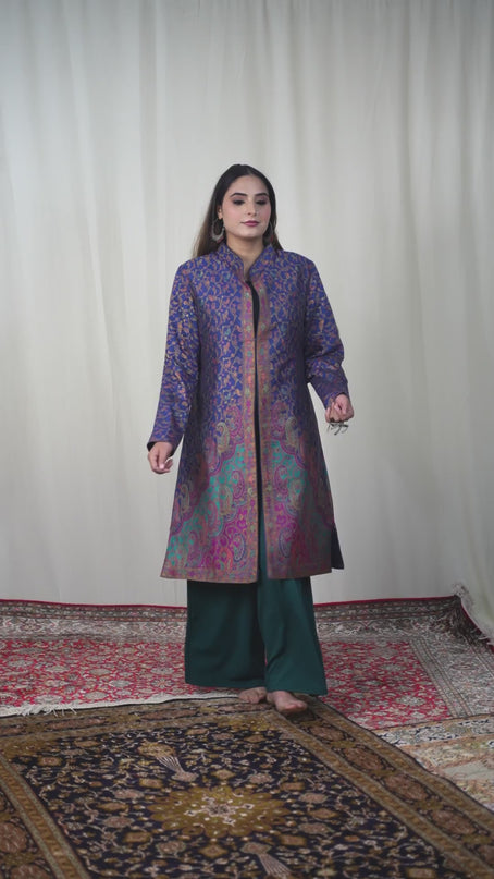 Kashmiri Kani With Zari Embroidery Jacket - Blue Zari | Silk Long