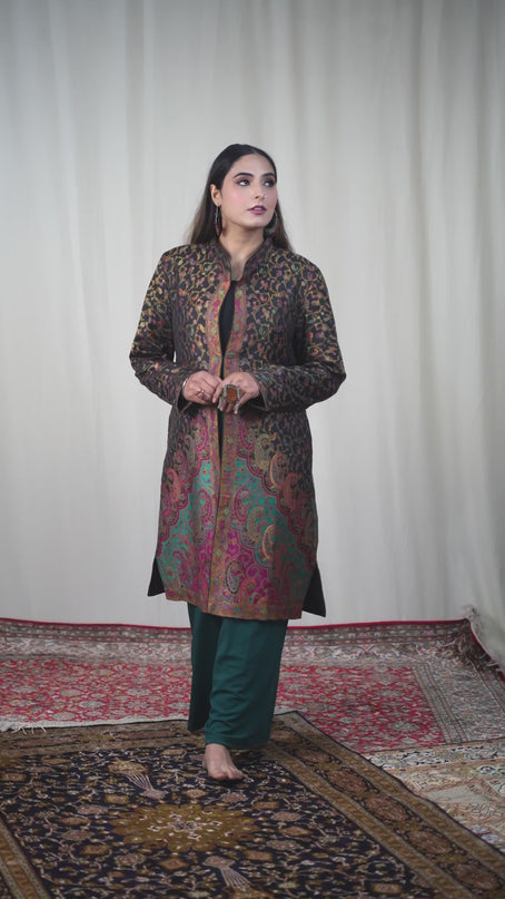 Kashmiri Kani With Zari Embroidery Jacket - Black Zari | Silk Long