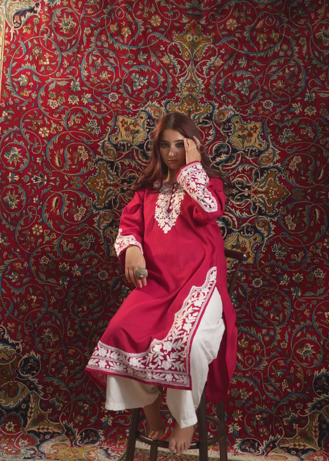 Kashmiri Aari Work Cotton Kurti - Red | Long