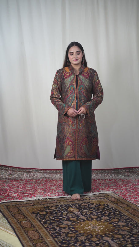 Kashmiri Kani With Zari Embroidery Jacket - Designer Maroon Zari | Silk Long